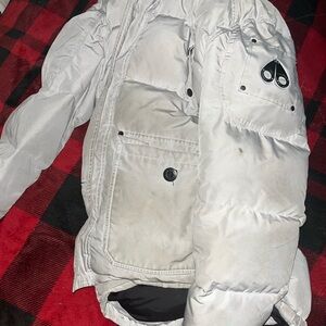 Moose Knuckles Men's White and Grey Jacket (Dirty can be washed to look new)